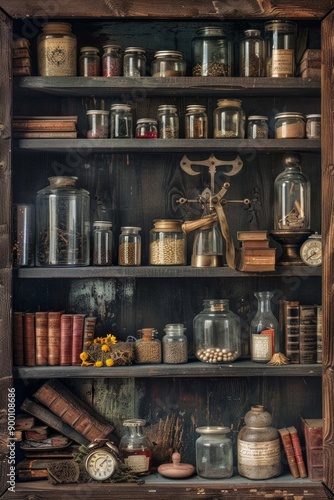 Wallpaper Mural Dark wood shelves lined with glass jars, old books, and antique scales.  Torontodigital.ca