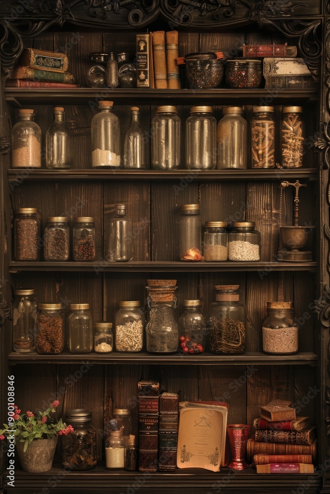 Dark wood shelves lined with glass jars, old books, and antique scales. Dark wood shelves lined with glass jars, old books, and antique scales.