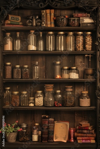 Wallpaper Mural Dark wood shelves lined with glass jars, old books, and antique scales.  Torontodigital.ca