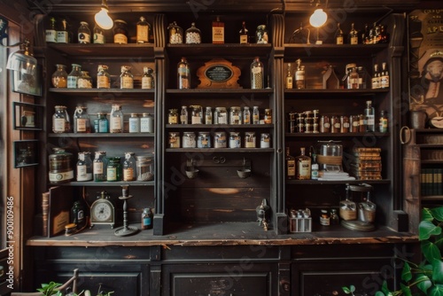 Dark wood shelves lined with glass jars, old books, and antique scales. 