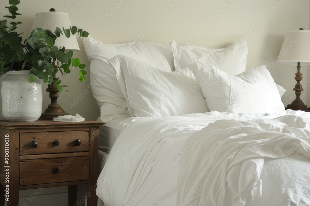 Obraz premium A stylish bedroom with crisp white linens
