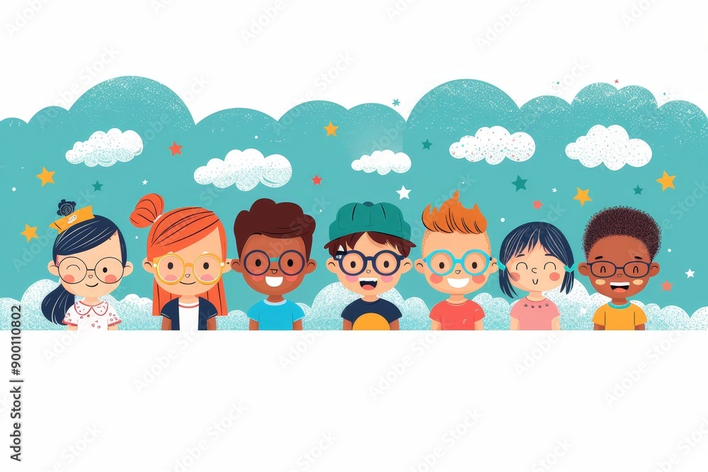 Diverse Group of Happy Cartoon Children Against a Starry Sky Background