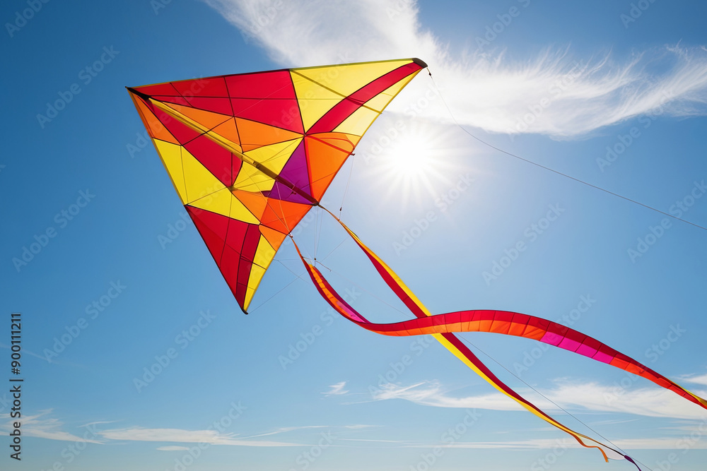 Vibrant kite with a colorful geometric pattern soaring in a bright blue sky, capturing the joy of a perfect summer day. Vibrant kite with a colorful geometric pattern soaring in a bright blue sky, capturing the joy of a perfect summer day.