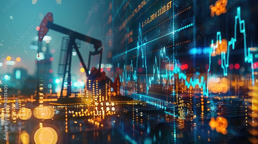Fototapeta premium Double exposure showing oil pumpjacks and stock market data, symbolizing the fluctuating dynamics of gasoline prices and the energy market