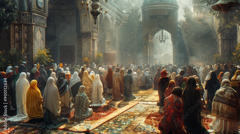A Crowd of Worshippers Kneel in Prayer at a Mosque A Crowd of Worshippers Kneel in Prayer at a Mosque