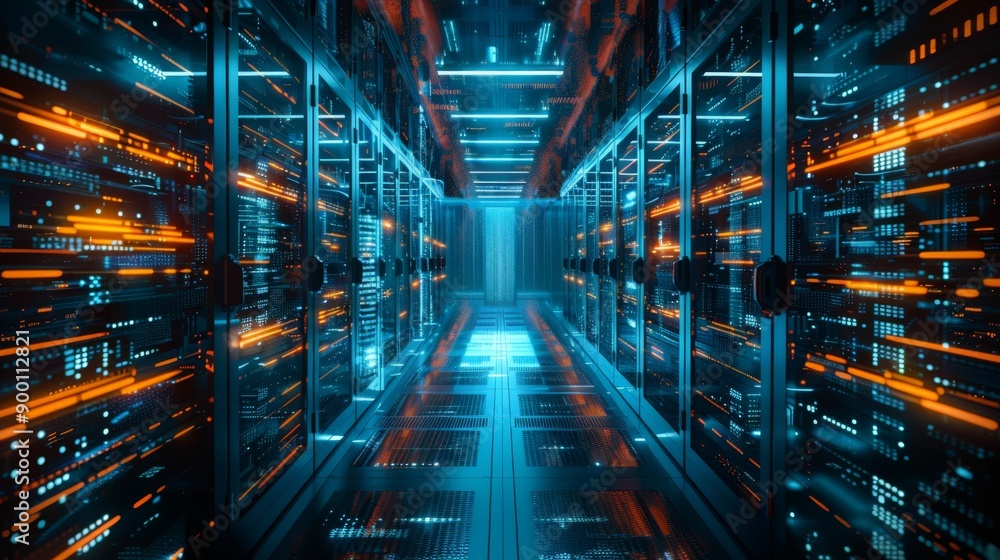 Behind glass panels in the server room of a data center or Internet service provider, digital information travels through the network and data servers Behind glass panels in the server room of a data center or Internet service provider, digital information travels through the network and data servers
