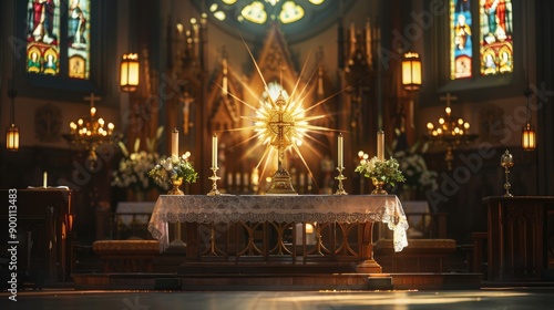 Elegant altar in a church, adorned with a radiant monstrance, candle, and chalice, under soft lighting and stained glass windows