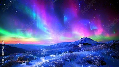 Aurora borealis or aurora northern lights, over the dark night starry sky over the snowy mountains in the north pole arctic circle, earth magnetic field