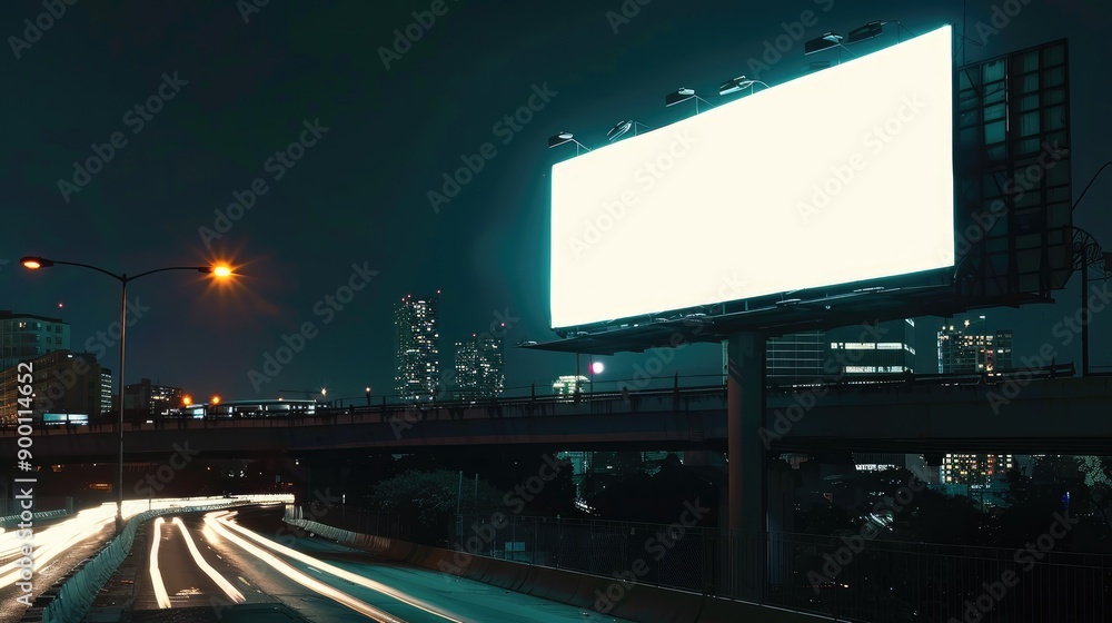 Empty urban billboard at night, ready for mockup display, with an illuminated blank sign contrasting the dark surrounding area Empty urban billboard at night, ready for mockup display, with an illuminated blank sign contrasting the dark surrounding area