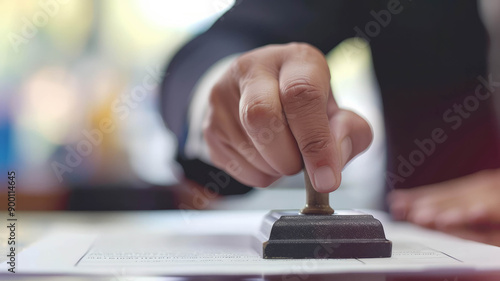 Business document being stamped as approved by manager hand, showing authorization. AI generative.