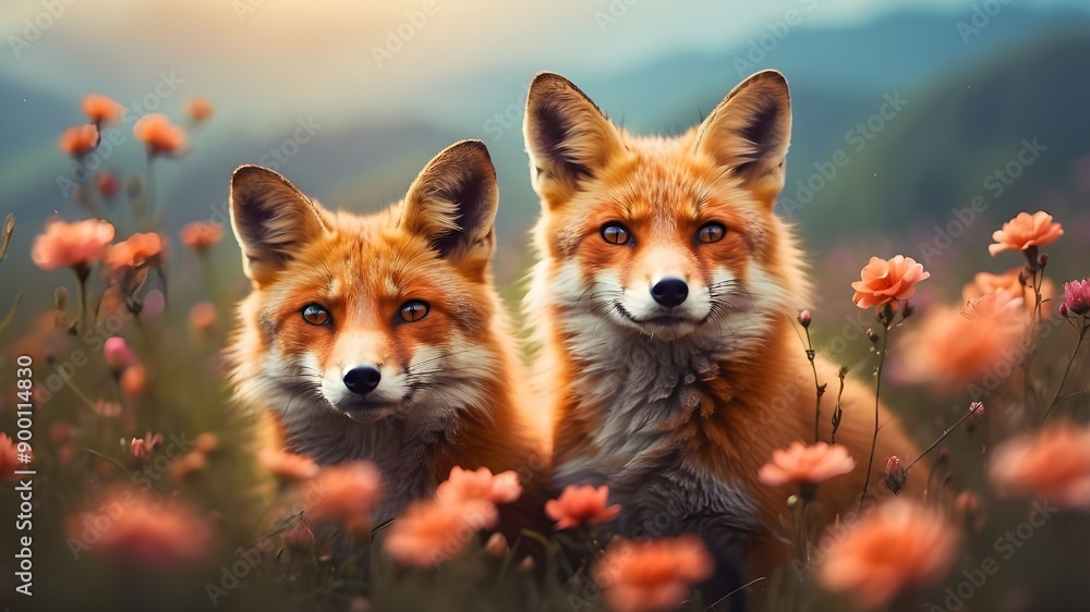 Fototapeta premium A couple of foxes cozy up in a field of blooming flowers against a blurry backdrop. AI-produced picture