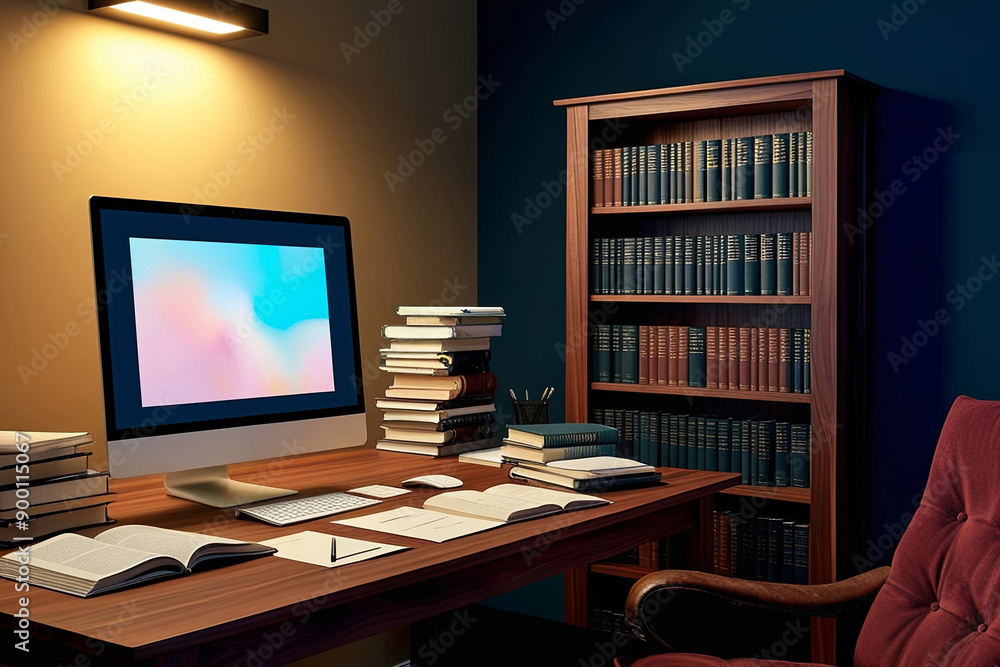 Cozy home workspace at night with a wooden desk, sleek monitor, and warm lamp, creating a peaceful Cozy home workspace at night with a wooden desk, sleek monitor, and warm lamp, creating a peaceful