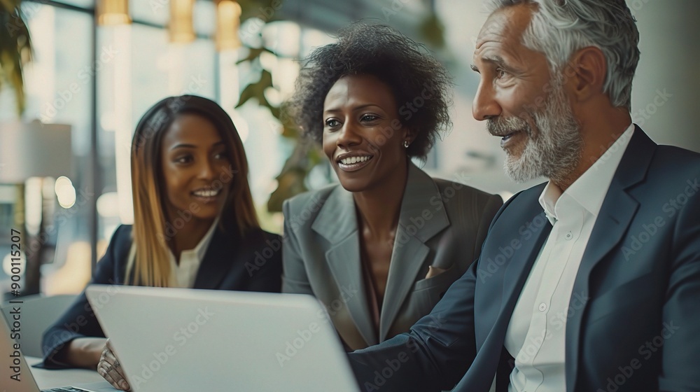 Business Professionals Collaborate: A diverse group of business professionals work together on a laptop in a modern office setting. Business Professionals Collaborate: A diverse group of business professionals work together on a laptop in a modern office setting.