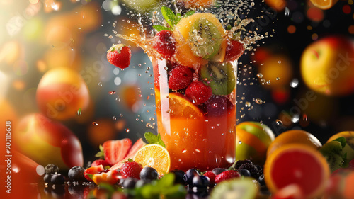 Fruit blender splash creating a vibrant juice mix, a dynamic culinary art. AI generative.