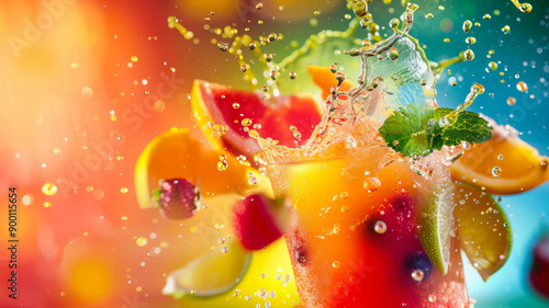 Dynamic culinary art with a vibrant juice mix, fruit blender splash. AI generative.