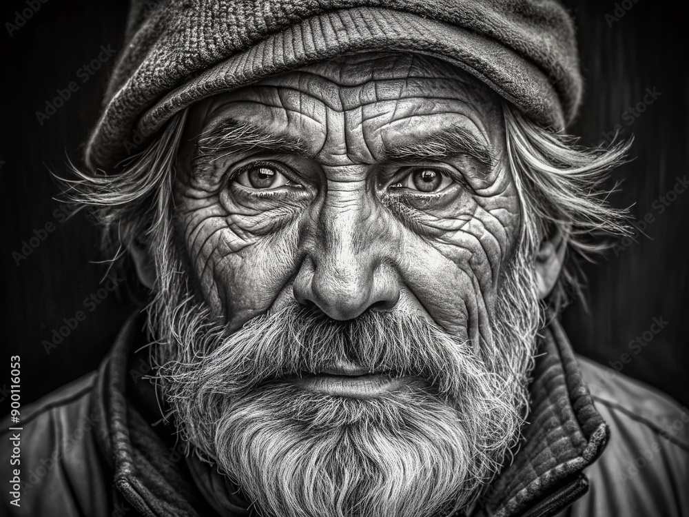 Black and white portrait of a wrinkled old man with a beard and a cap Black and white portrait of a wrinkled old man with a beard and a cap