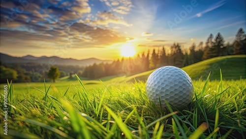 Immersive golf experience with golf ball nestled in lush green field, perfect for golf camp adventures, golf, immersive, experience