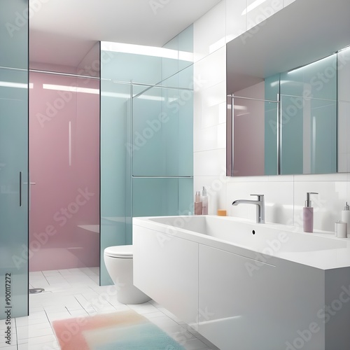 Wallpaper Mural close up portrait of Realistic detailed modern bathroom interior with show shiny ,3d coloured , png on ,white background Torontodigital.ca