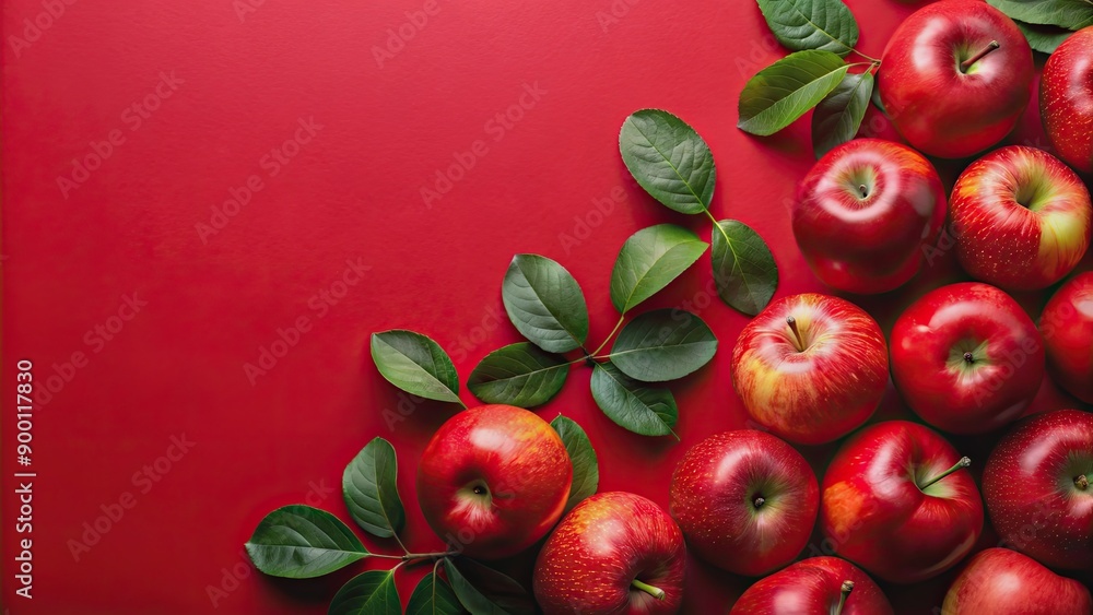 Red apples with green leaves on a vibrant red background, apples, fruit, red, green, leaves, healthy, organic, freshness Red apples with green leaves on a vibrant red background, apples, fruit, red, green, leaves, healthy, organic, freshness