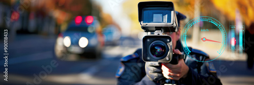 Policeman using speed camera, Speed Radar on road to measure the speed of cars