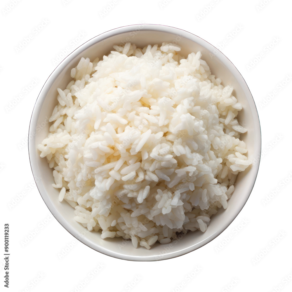 Cooked rice on white bowl top view isolated on transparent background Cooked rice on white bowl top view isolated on transparent background