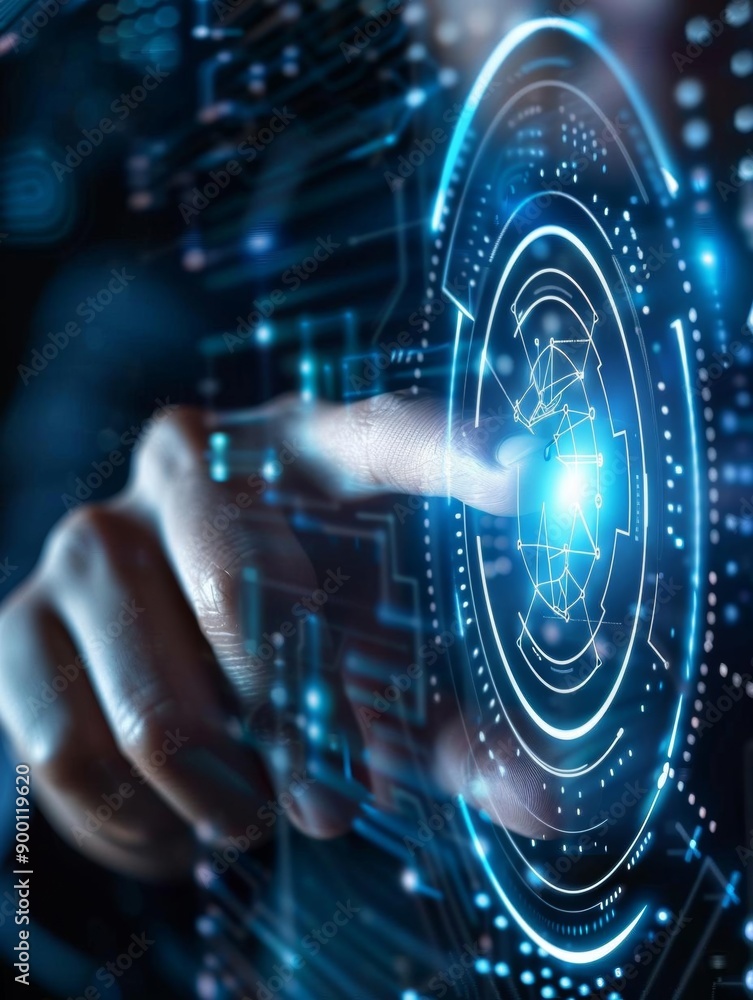 A hand interacts with a futuristic digital interface, emphasizing technology and innovation. A hand interacts with a futuristic digital interface, emphasizing technology and innovation.