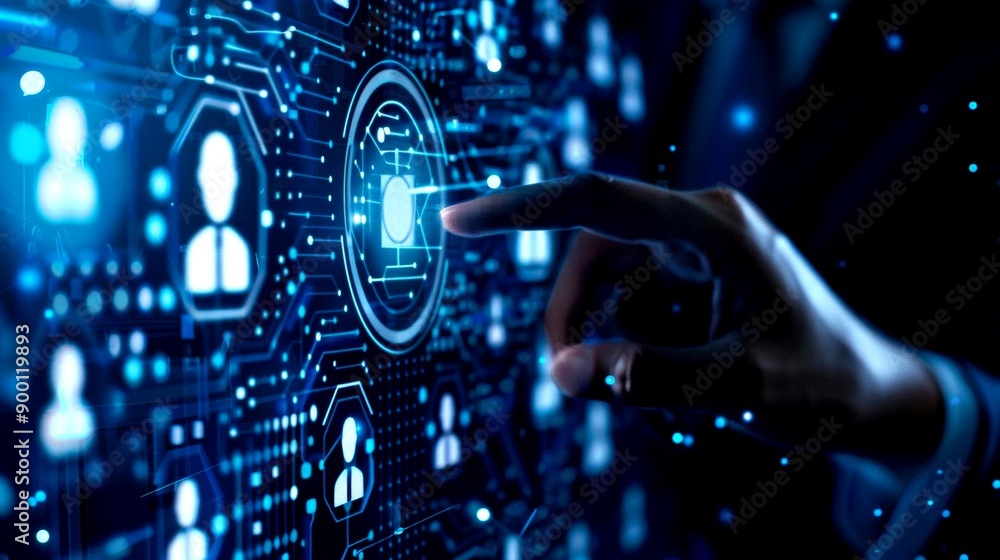 A hand reaches out to touch a digital interface with icons and data, representing technological interaction and data access. A hand reaches out to touch a digital interface with icons and data, representing technological interaction and data access.