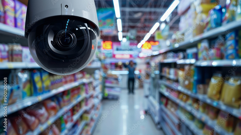 Explore the watchful gaze of a surveillance camera as it scans customers shopping in a convenience store. (AI generative)