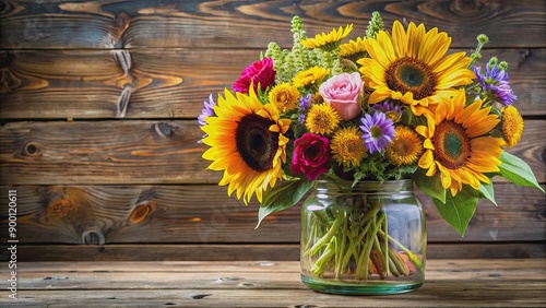 Wallpaper Mural Vibrant bouquet of sunflowers and mixed flowers in a clear glass jar on a wooden table with rustic background Torontodigital.ca