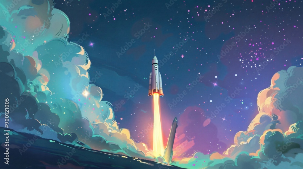 Illustrate a satellite launch with a rocket ascending into space against a starry sky Illustrate a satellite launch with a rocket ascending into space against a starry sky