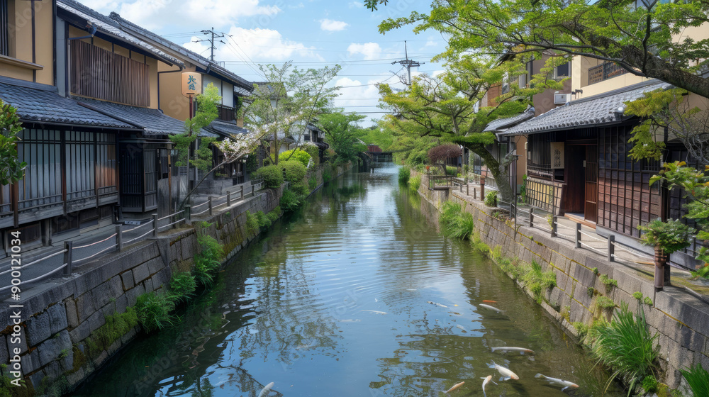 Peaceful landscape with vibrant koi fish in canal. AI generative. Peaceful landscape with vibrant koi fish in canal. AI generative.