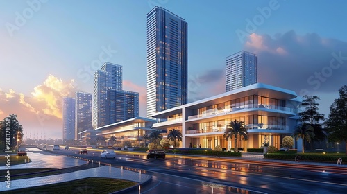 Wallpaper Mural 3D Rendering of a Modern Cityscape with Skyscrapers and a Street at Dusk Torontodigital.ca