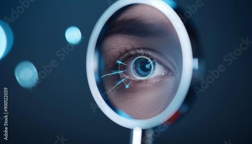 Close-up of a blue eye with glowing lines emanating from it, reflecting through a magnifying glass. photo