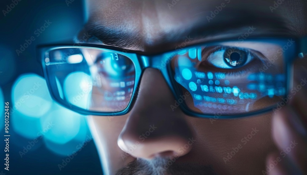 Close-up of a man's eye with digital code reflecting in his glasses. A concept of technology, innovation, and the future. Close-up of a man's eye with digital code reflecting in his glasses. A concept of technology, innovation, and the future.