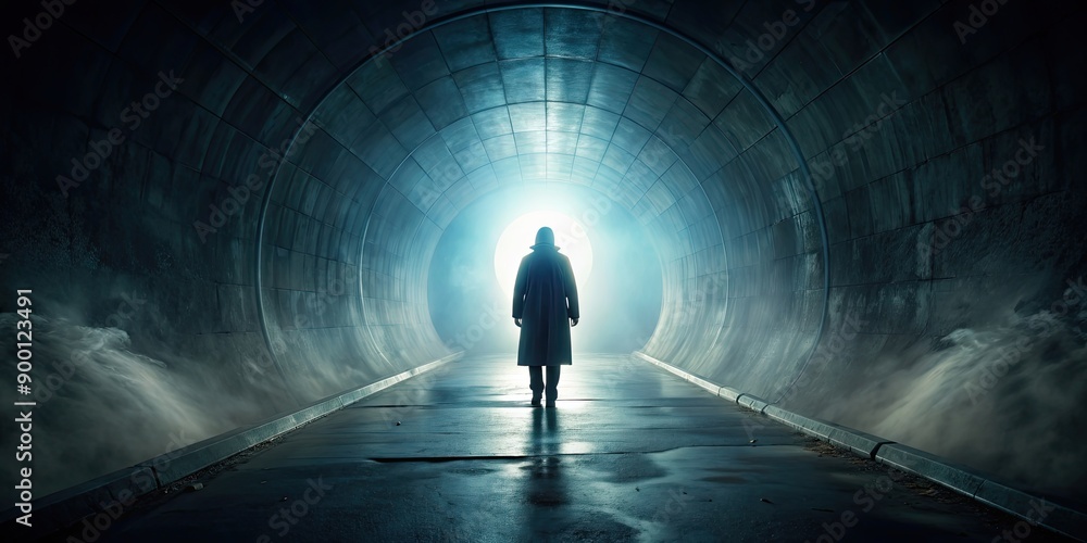 Mysterious figure in a foggy tunnel under a dim light , silhouette, lone, shadow, eerie, suspense, intrigue, dark, atmospheric Mysterious figure in a foggy tunnel under a dim light , silhouette, lone, shadow, eerie, suspense, intrigue, dark, atmospheric