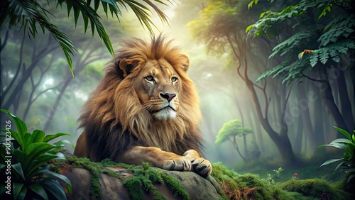 Fototapeta Naklejka Na Ścianę i Meble -  Majestic lion resting in a lush forest setting, lion, wildlife, nature, safari, predator, big cat, jungle, majestic, wild, powerful