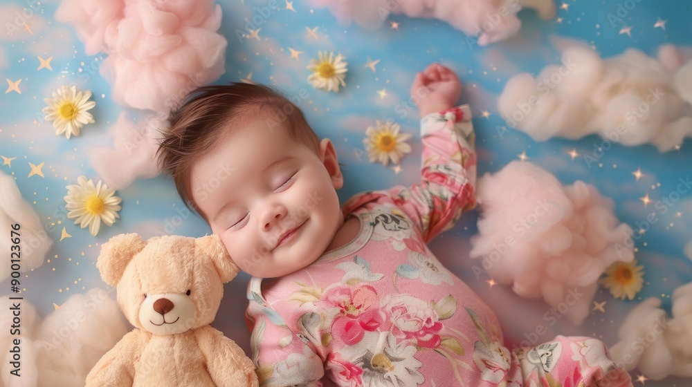 Sleeping baby girl surrounded by clouds and a teddy bear. Sleeping baby girl surrounded by clouds and a teddy bear.