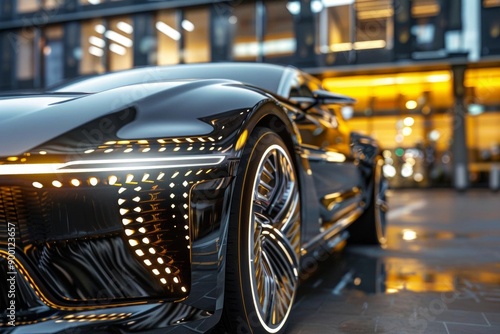 Wallpaper Mural Sleek black sports car parked in front of a modern building.  The car's headlights are on and the city lights reflect in the wet pavement.  The car has a futuristic design. Torontodigital.ca