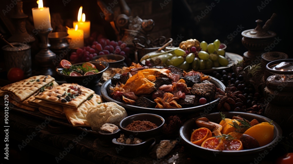Medieval Feast: A Table Laden with Delicacies Medieval Feast: A Table Laden with Delicacies