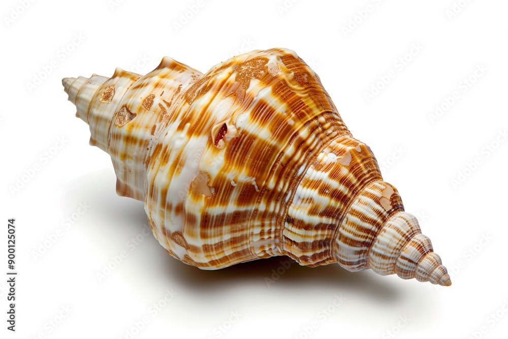 Close-up shot of a detailed, textured conch seashell with brown and white patterns, isolated on a white background. Close-up shot of a detailed, textured conch seashell with brown and white patterns, isolated on a white background.