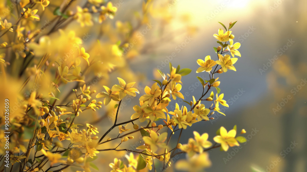 Spring scene featuring Forsythia in 3D cinematic style, evoking recollection, AI generative. Spring scene featuring Forsythia in 3D cinematic style, evoking recollection, AI generative.