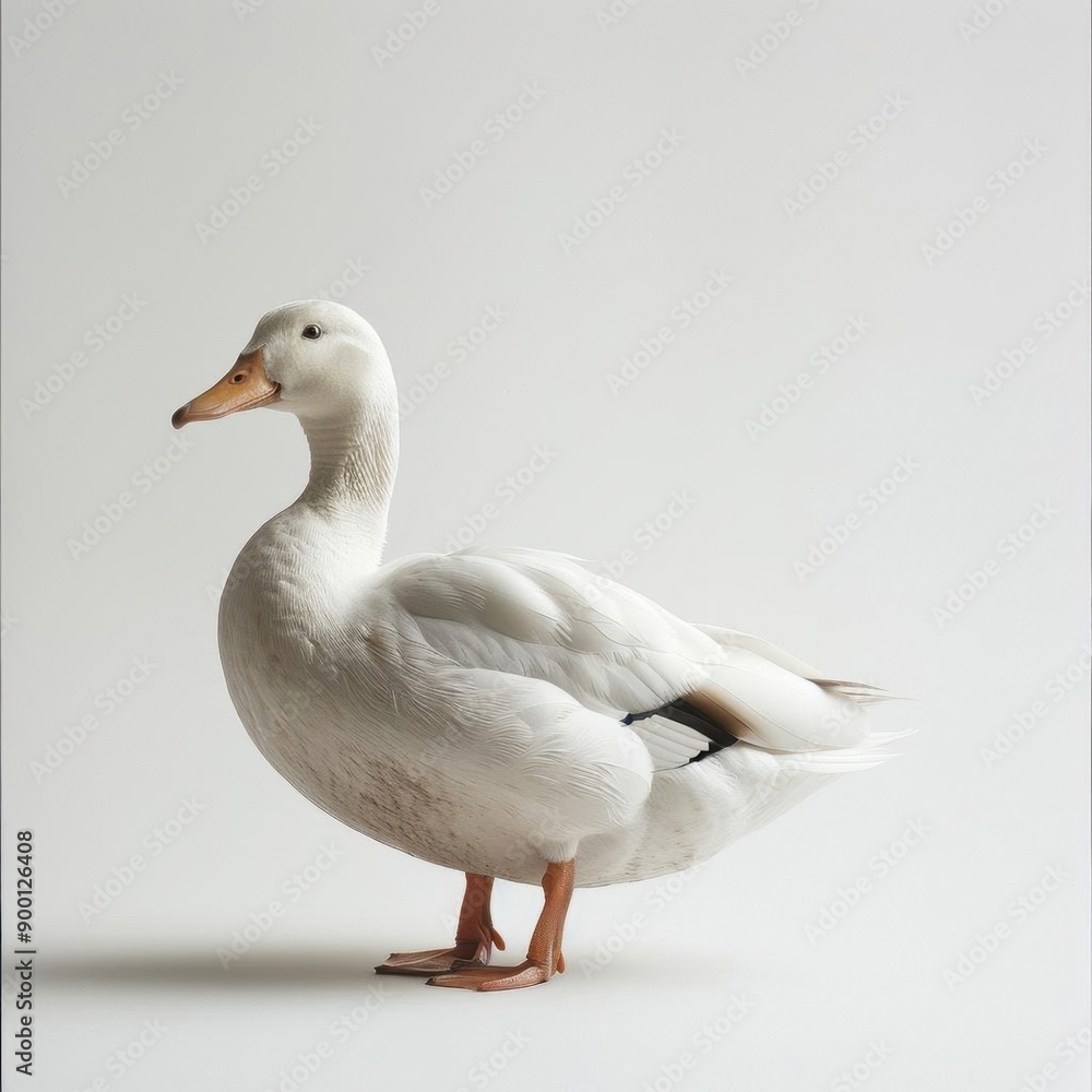 A beautiful white duck stands in front of a white background A beautiful white duck stands in front of a white background