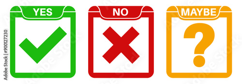 Set collections yes no maybe icon sign. Green check mark, red cross and yellow question mark labels design template Vector illustration