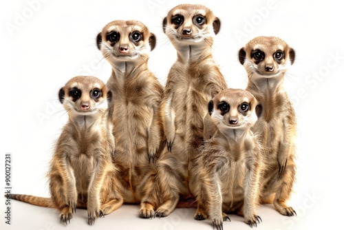 A charming group of meerkats posing together, showcasing their playful and curious nature in a vibrant studio setting. © lertsakwiman