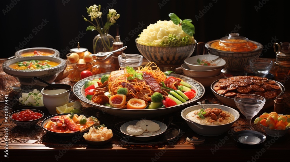 A Lavish Table Setting with Traditional Asian Dishes A Lavish Table Setting with Traditional Asian Dishes