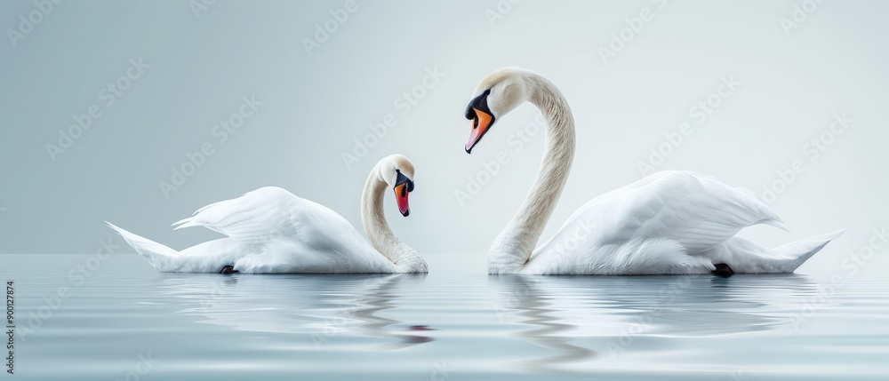 A serene scene featuring two elegant swans gliding gracefully on calm water, showcasing their beauty and tranquility. A serene scene featuring two elegant swans gliding gracefully on calm water, showcasing their beauty and tranquility.