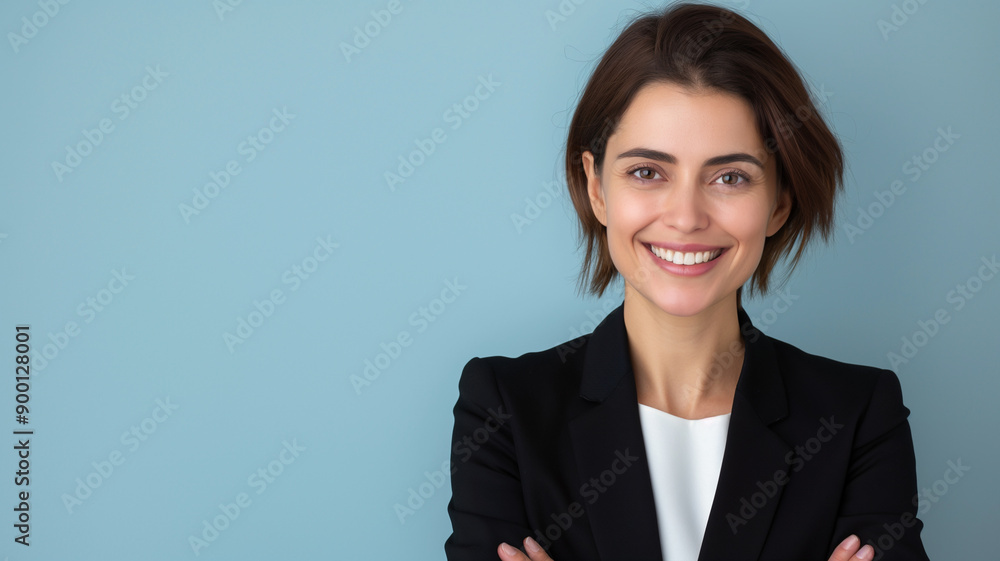 A smiling businesswoman with short hair, in a black blazer and white shirt, with crossed arms against a light blue background. Reflects professionalism and approachability. A smiling businesswoman with short hair, in a black blazer and white shirt, with crossed arms against a light blue background. Reflects professionalism and approachability.