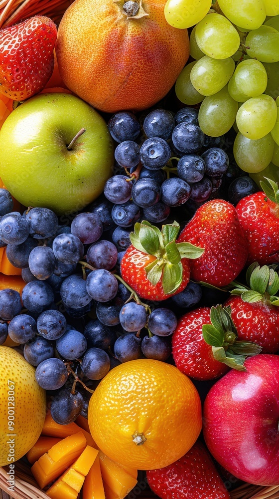 A vibrant assortment of fresh fruits including apples, grapes, strawberries, and oranges, perfect for any culinary project. A vibrant assortment of fresh fruits including apples, grapes, strawberries, and oranges, perfect for any culinary project.