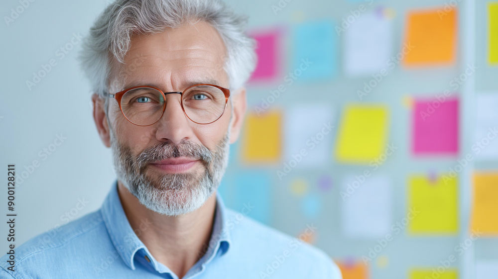 A senior professional with gray hair and glasses smiles confidently in a creative workspace with colorful sticky notes in the background. A senior professional with gray hair and glasses smiles confidently in a creative workspace with colorful sticky notes in the background.