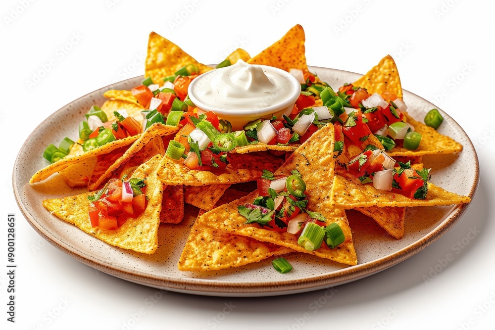 Delicious nachos topped with fresh salsa, green onions, and a dollop of sour cream, served on a plate perfect for sharing. Delicious nachos topped with fresh salsa, green onions, and a dollop of sour cream, served on a plate perfect for sharing.